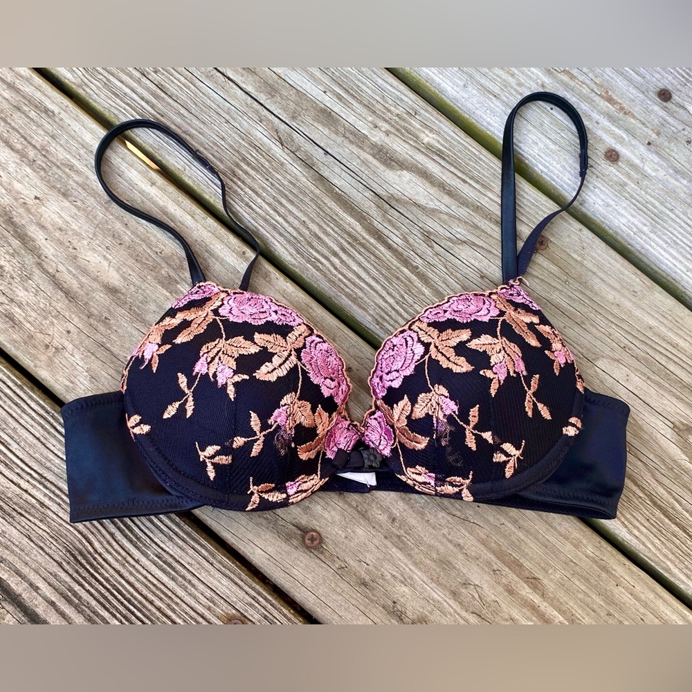 Black/Pink/Purple/Gold Embroidered 34A Lily Of France Demi Bra